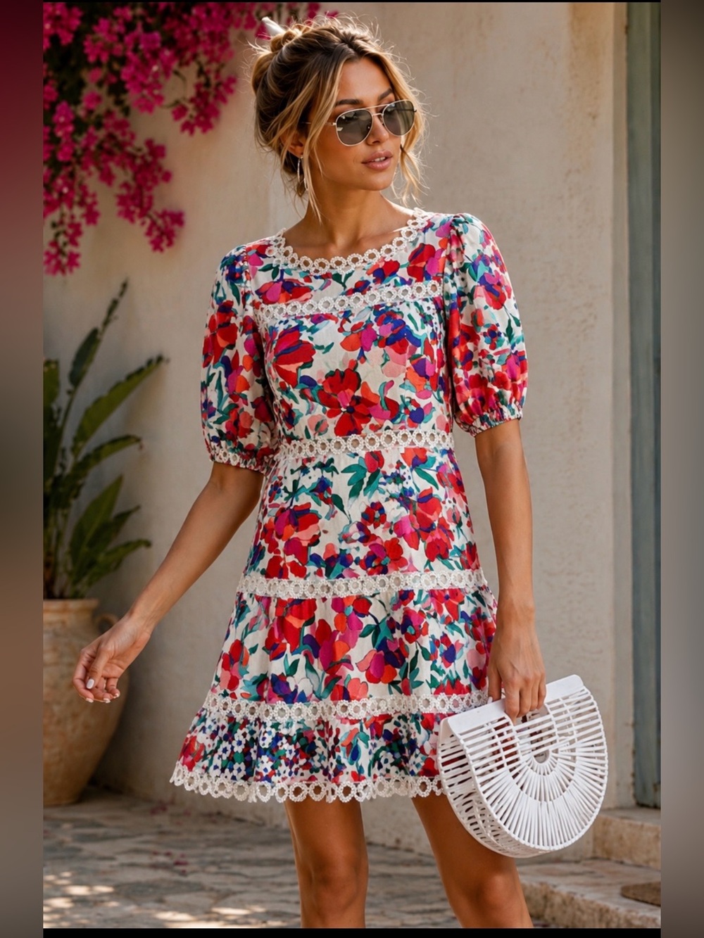 OLIVACEOUS Sz M Linen Pink Floral Dress Lace Cutouts Puff Sleeves Cottagecore